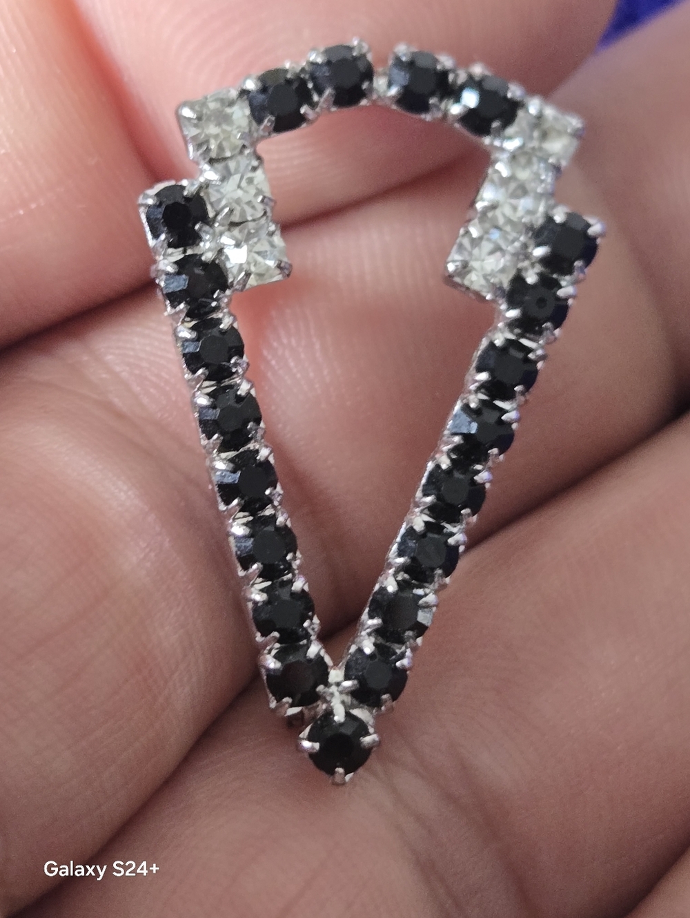 Silver Tone Black and White Crystal V-Brooch